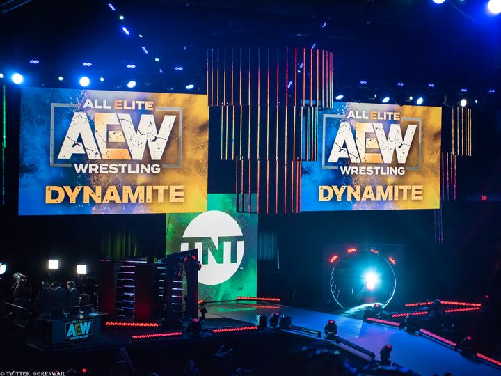 The entrance stage and video screens of the AEW Dynamite set in October 2019