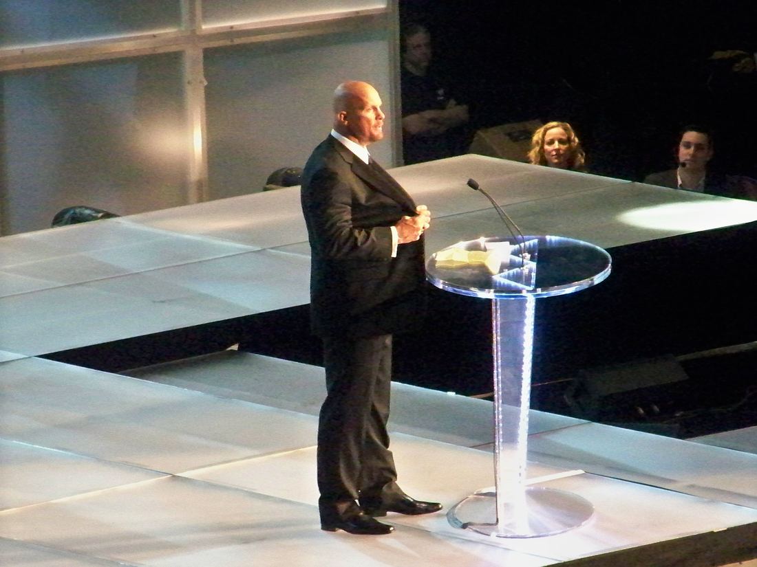 Steve Austin on stage during his WWE Hall of Fame induction in 2009